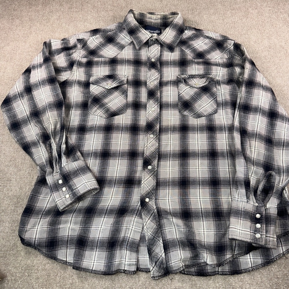 Wrangler Mens Grey Black Plaid Pearl Snap Western Flannel Shirt XL Long Sleeve